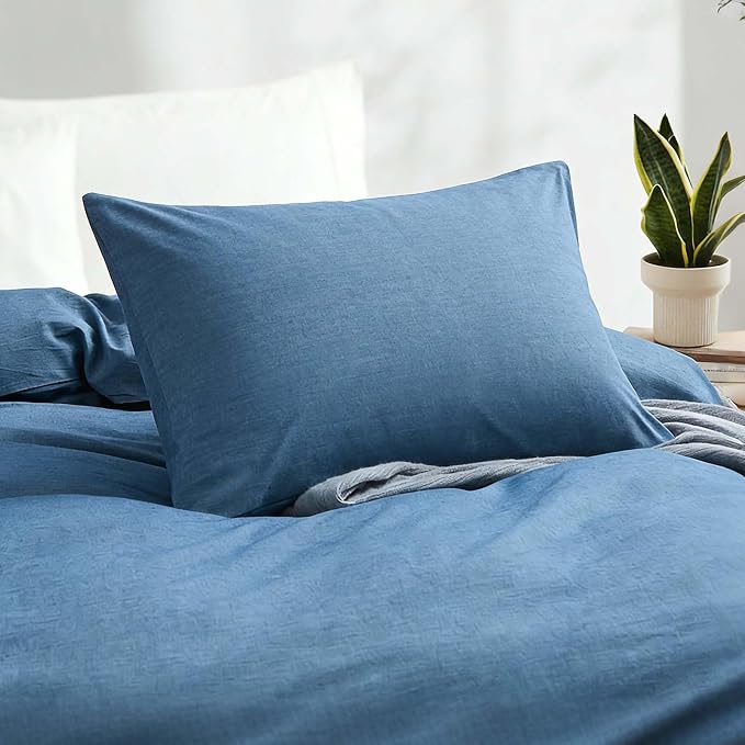 LOVQUE 100% Washed Cotton Duvet Cover Twin Size, Denim Blue Fade-Resistant Natural Bedding Set (No Comforter), 68x90 Inches