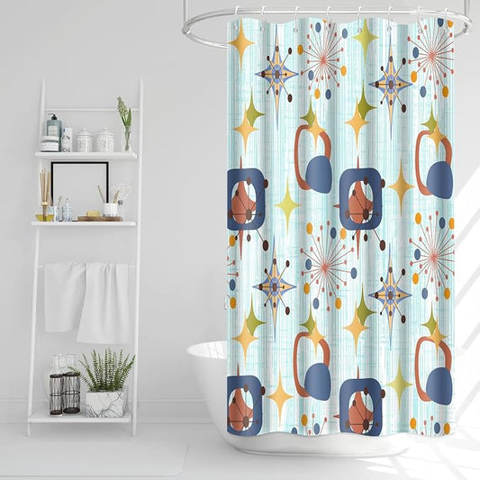 Mid Century Shower Curtain, 36x72inch, Modern Abstract Retro Blue Striped Geometric Shower Curtain Sets 1950s Boho Bathroom Shower Curtain with 6 Hooks