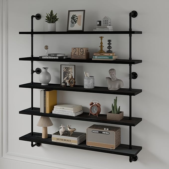 HDDFER Floating Shelves for Wall Bookshelf Industrial Pipe Shelving Shelves 48 Inch 5 Tier Natural Wood Planks Rustic Wall Shelves Hanging Bookshelves Farmhouse Kitchen Shelving Black