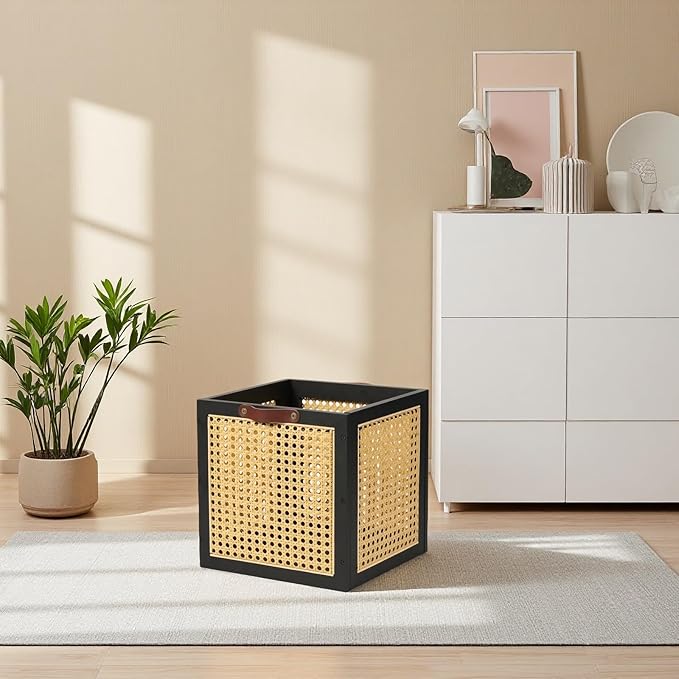 Rattan Storage Cubes Wooden Storage Baskets Boxes Decorative Natural Handmade Bohemian Solid Wood Woven Wicker Cane Bin Closet Shelf Clothes Organizer Books Magazine Holder (Black)