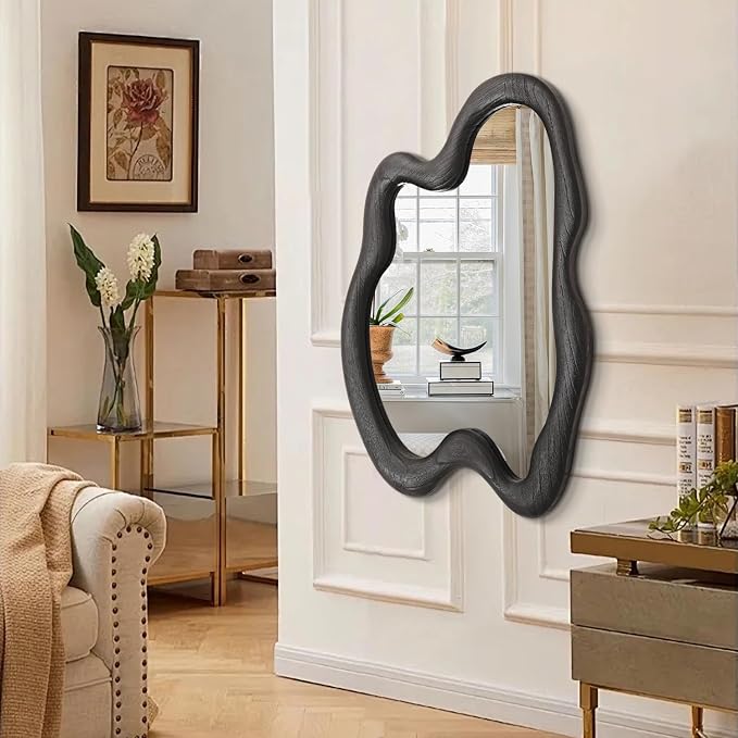 AAZZKANG Irregular Wall Mirror 28"x20" Black Asymmetrical Modern Wood Frame Mirrors Large for Bathroom Bedroom Living Room Entryway