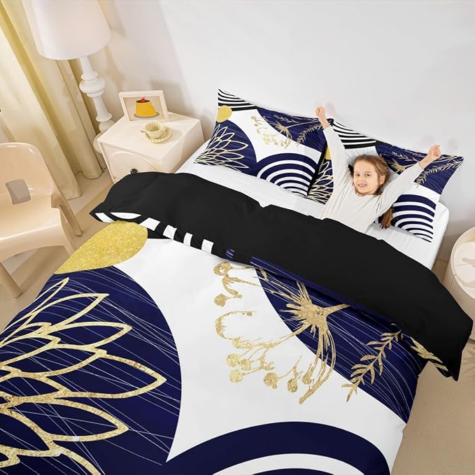Erosebridal Navy Blue Boho Modern Duvet Cover Toddler Size for Women Men Adults - Mid Century Abstract Comforter Cover Bohemian Geometric Bedding Set Chic Contemporary Stripes Bed Set