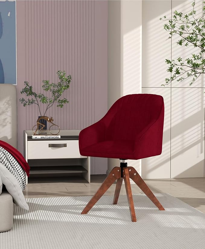 OS MOTOR Modern Swivel Accent Chair with Arms, Upholstered Desk Chair No Wheels, Mid-Century Fabric Armchair with Oak Wood Legs for Home Office, Bedroom, Vanity, Red