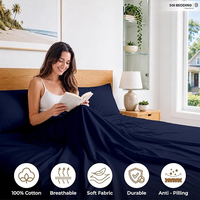 SGI bedding RV Short Queen Sheet Set 60x75, 600 TC Egyptian Cotton, 4 Piece Luxury Hotel Collection, Ultra Soft & Breathable, Fits RV Mattress Camper & Trailer, 15 Inch Pocket, Navy Blue