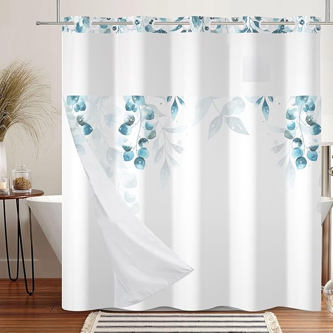 No Hook Shower Curtain with Snap in Fabric Liner Set Hotel Style Blue Eucalyptus Leaves Shower Curtain with Liner for Bathroom Washable 71x74 Inch