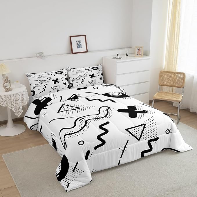 Manfei Memphis Comforter Set Queen Size, Retro 80s 90s Fashion Style Quilt Set with 2 Pillowcases, Geometric Black White Bedding Set 3pcs for Kids Boys Room Decor Lightweight Duvet Insert