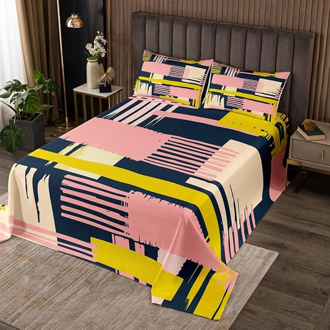 Erosebridal Vintage Mid Century Queen Quilt Set Retro Minimalism Coverlet Set Hippie Watercolor Bedding Set Pink Beige Navy Ombre Bedspread Set, Geometric Stripe Patchwork Bed Quilt Abstract Decor