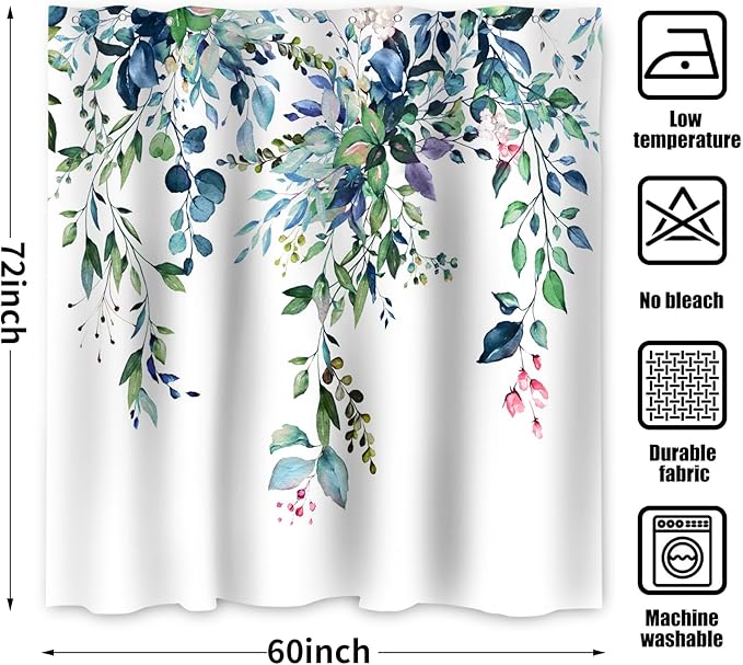 Eucalyptus Shower Curtain, Watercolor Green Leaves Plant Floral Spring Nature Waterproof Fabric Machine Washable with Hooks for Bathroom Bathtub Decor 60Wx72H