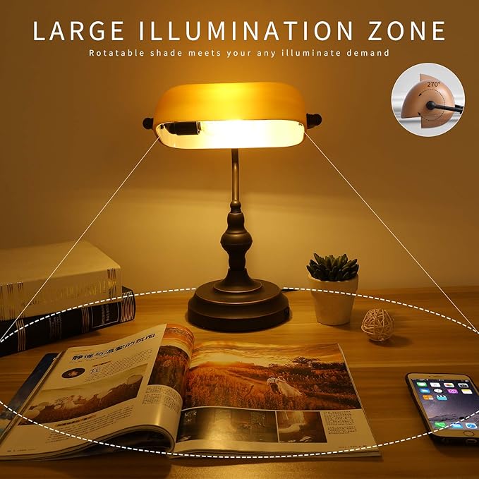 Banker Desk Lamp Touch Control, Vintage Banker's Desk Lamp with USB Port, 3 Way Dimmable Desk Lamps, Farmhouse Library Lamp Oil Rubbed Bronze for Office, Study Room