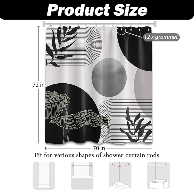 Black and Grey Shower Curtain Black White Gray Mid Century Modern Shower Curtains for Bathroom Decor Boho MCM Mens Cool Bath Curtain Set, Waterproof Fabric with Hooks 70 x 72 Inch