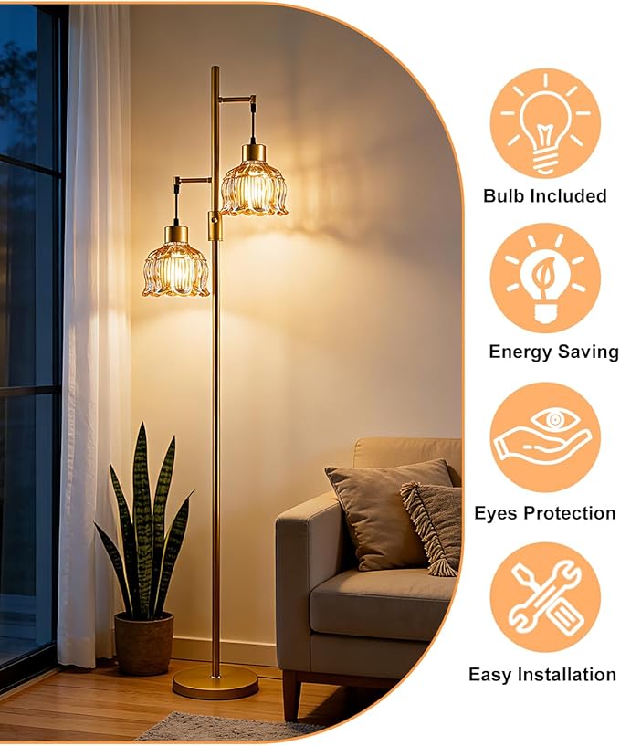 Lightdot 2- Light Gold Flower Floor Lamp, 65IN Amber Glass Floor Lamps with 3000K Warm White Bulbs, Modern Standing Tall Lamp with 5Lbs Heavy Base for Living Room Bedroom Home Office Sofa Beside