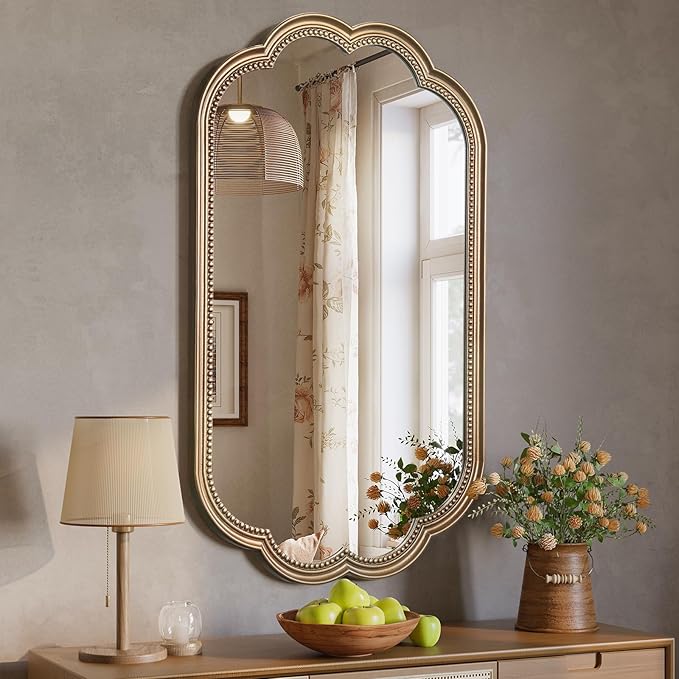 Scalloped Mirror, 20" x 36" Gold Oval Wall Mirror Beaded Frame Decorative, Antique Brass Mirrors Wooden for Over Sink, Bathroom, Bedroom, Living Room, Fireplace, Entryway