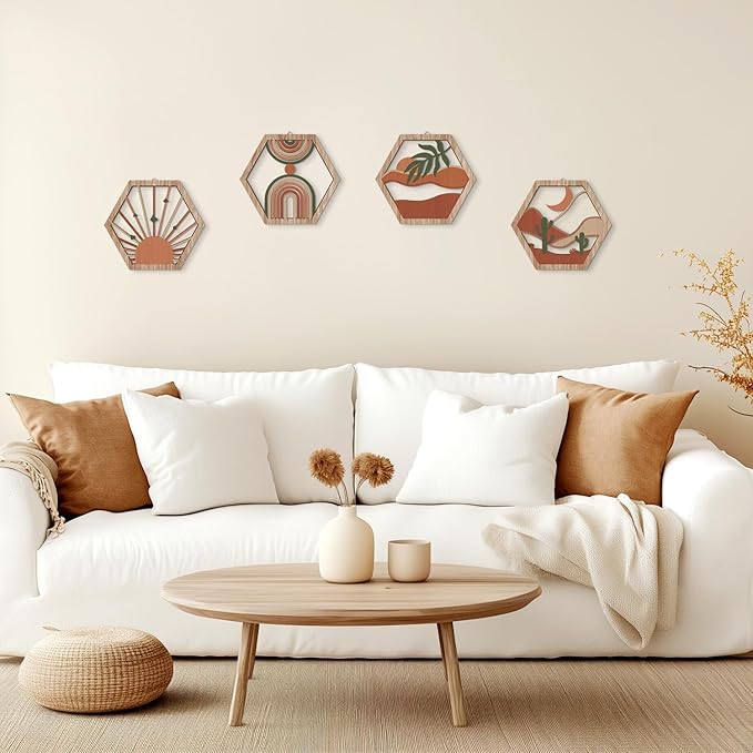 HPNIUB 4 Pcs Boho Wall Art Decor, Bohemian Geometric Hanging Wood Sign for Living Room, Aesthetic Abstract Desert Cactus, Minimalist Farmhouse Botanical Wooden Plaque for Apartment Bedroom(11''x9.8'')