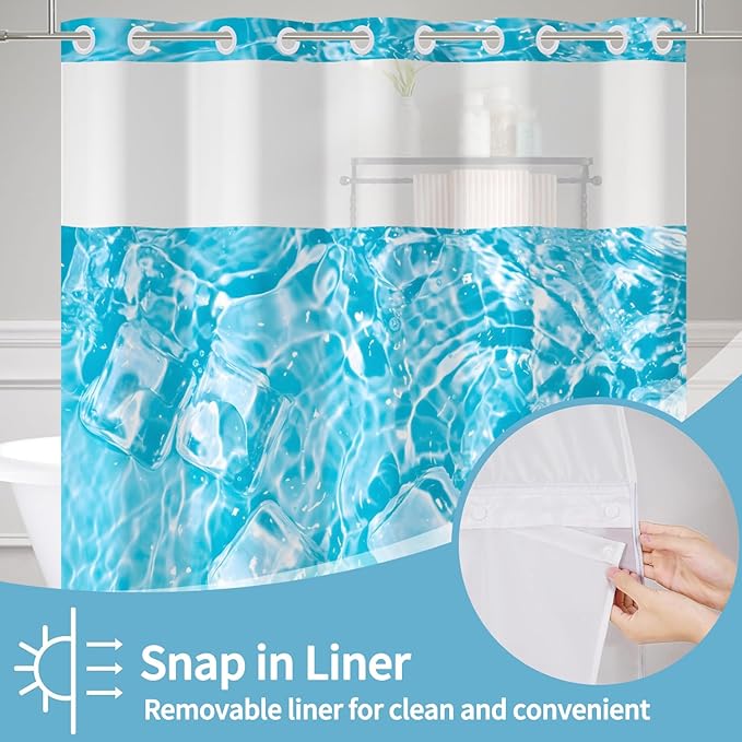 Blue Shower Curtain with Snap in Liner Water Pattern with Ice Cubes Summer Cool No Hook Shower Curtains with Mesh Polyester Fabric Waterproof Bathroom Curtain Set 71x74 Inch