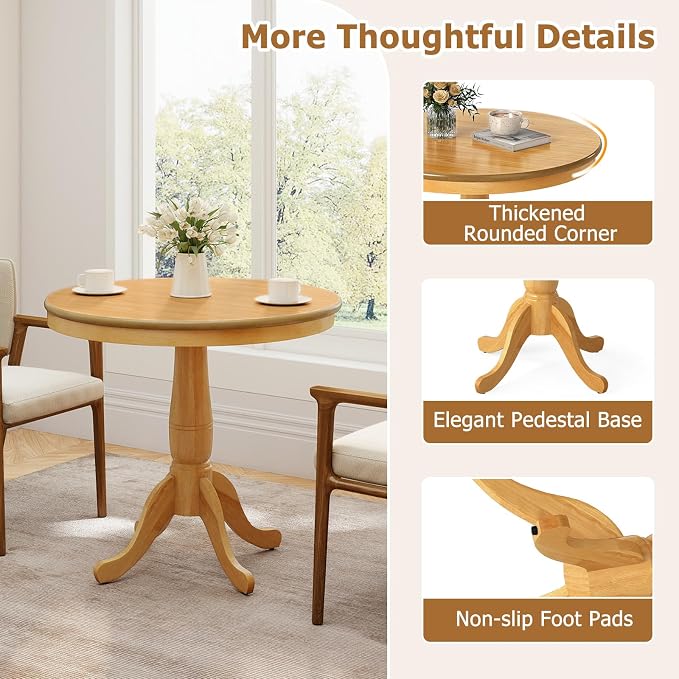 Giantex Round Dining Table for 2-4 People, 32" D X 30" H Wooden Kitchen Table with Spacious Tabletop, Pedestal Base, Leisure End Tables for Bar, Kitchen, Dining Room, Restaurant, Natural