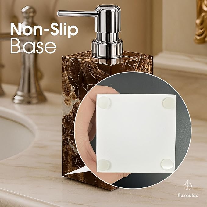 2 Pack Real Natural Marble Soap Dispenser with Stainless Steel Pump Decorative Liquid Hand Soap Bottle for Kitchen Bathroom, Compatible with Lotion, Dish Soap Shower Gel (Brown 2 Set)