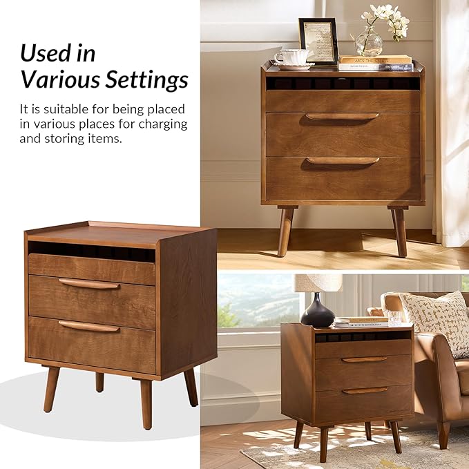 HULALA HOME 2 Drawer End Table with Pull-Out Shelf, Mid-Century Modern End Table with Wood Legs, Wood Side Table with Charging Station(Acorn, Set of 2)