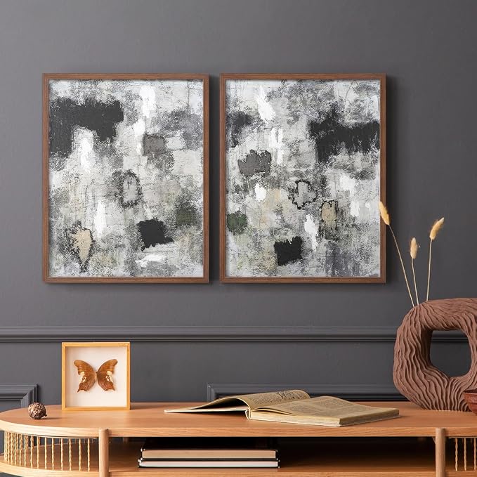 Renditions Gallery Set of 2 Peel & Stick Framed Prints, Abstract Wall Art, Hand Painted Black and White Pattern Wall Decor, Re-Stickable - Ready to Hang - 22"x28" - Walnut Frame LT588