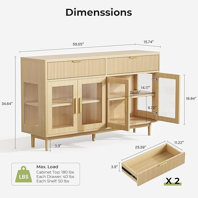IRONCK 59'' Sideboard Buffet Cabinet with Drawers, Modern Kitchen Storage Cabinet with Adjustable Shelves and Tempered Glass Doors, Wood Coffee Bar for Kitchen, Living Room, Oak