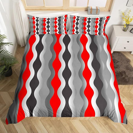 Red Black Grey Bedding Set Retro Geometric Comforter Cover Mid Century Modern Decor Duvet Cover for Kids Boys Girls Teens Abstract Stripe Breathable Bedspread Cover Room Decor Full Size (No Comforter)