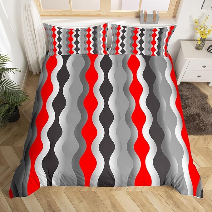 Feelyou Red Black Grey Bedding Set Retro Geometric Comforter Cover Mid Century Modern Decor Duvet Cover for Kids Boys Girls Teens Abstract Stripe Bedspread Cover Room Decor Queen Size (No Comforter)