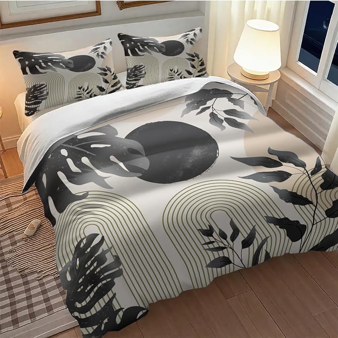 Mid Century Leaf Bedding Set,Boho Grey Tropical Plant Palm Leaves Abstract Minimalist Geometic Modern Comforter Set with Pillowcase for Bedroom Bed Decor,King 102"x90"