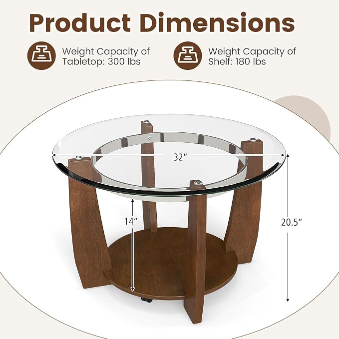 GOFLAME Glass Coffee Table with Storage, 32” Rolling Round Center Table with Tempered Glass Top, Solid Rubber Wood Legs, Wheels, Mid-Century Modern, 2-Tier Circle Tea Tables for Living Room (Walnut)