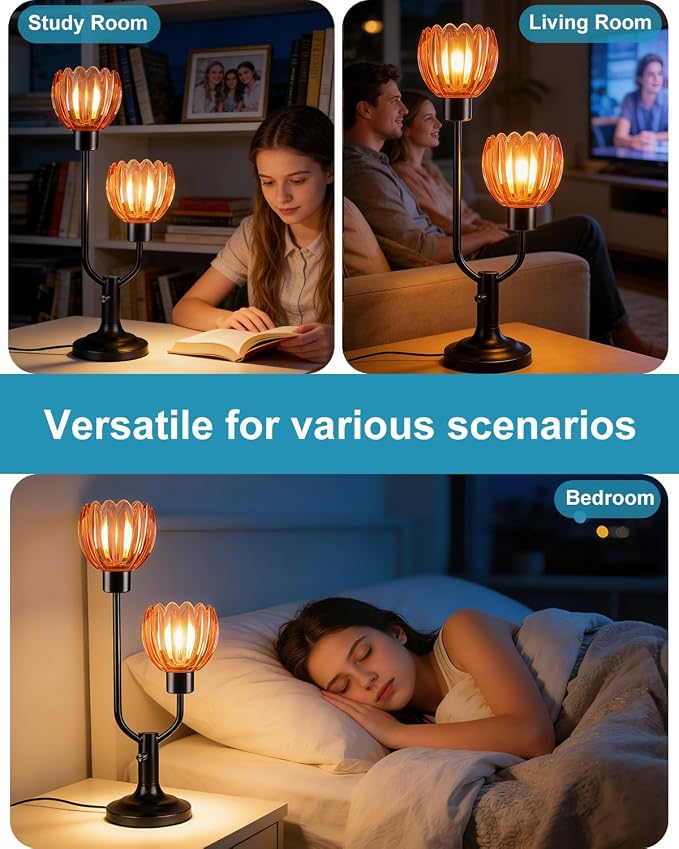 Lightdot Mid Century Modern Flower Table Lamp for Living Room Dimmable Nightstand Lamp Red Glass Vintage Black Desk Lamp 2 Bulbs Included Warmwhite Ambient Bedside Lamps for Bedroom Home Office Decor