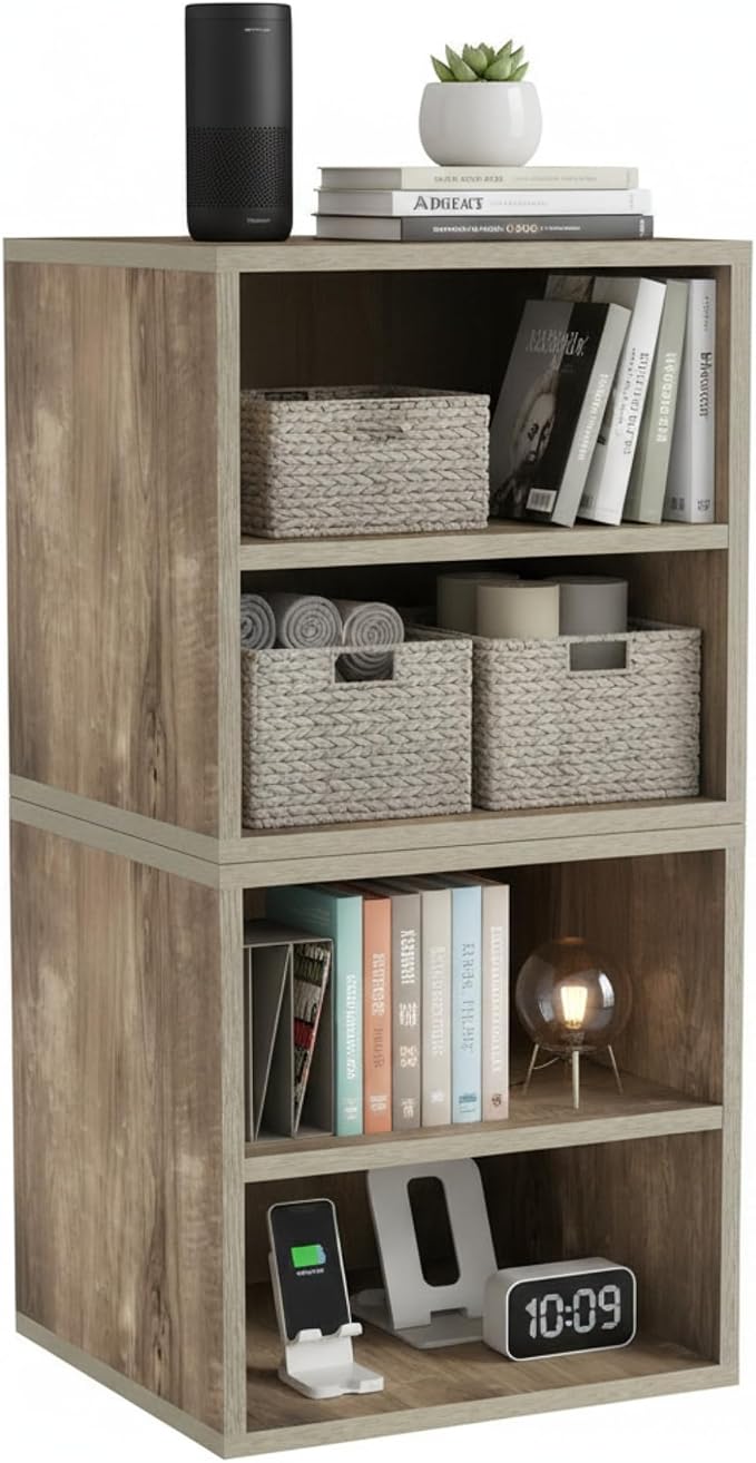 Lavish Home Cube Storage Organizer – 2-Shelf Modular Stackable Bookshelf – Minimalist Modern Nightstand & End Table, Stackable Modular Accent Table for Bedroom, Living Room, or Office (Gray Woodgrain)