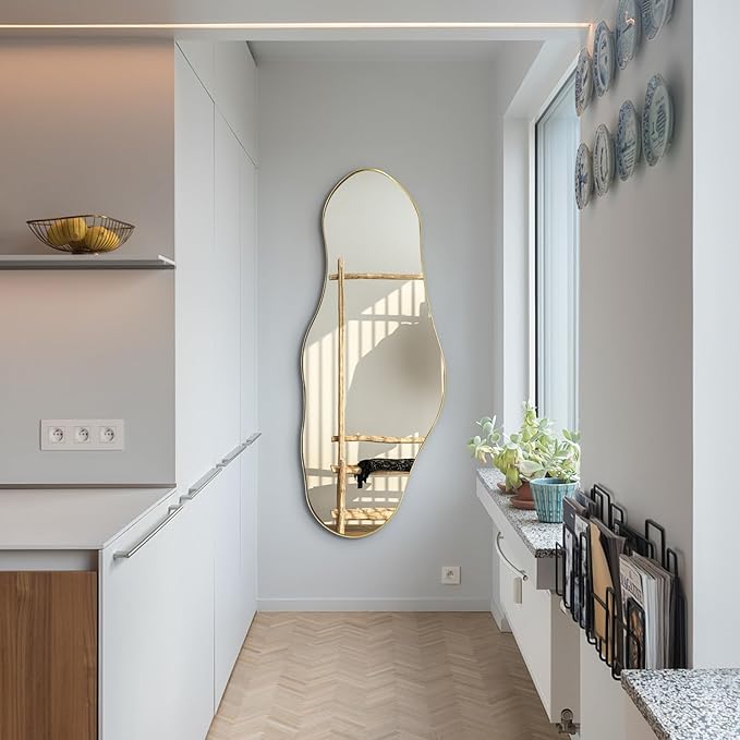 Large Asymmetrical Mirrors, 55"x22" Irregular Shaped Mirror, Gold Metal Frame Abstract Wall Mirror Decorative, Modern Funky Mirrors for Living Room Bathroom Bedroom Hallway Entryway Fireplace