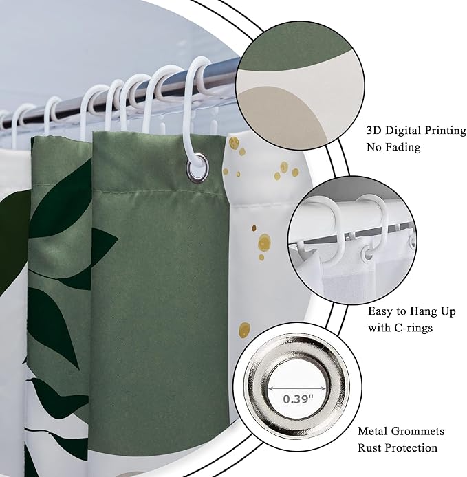 Riyidecor Sage Green Mid Century Modern Shower Curtain for Bathroom Decor 72Wx72H Boho Abstract Gold Leaves Minimalist Geometric Arch Sun Art Printed Fabric Polyester Waterproof 12 Pack Plastic Hooks