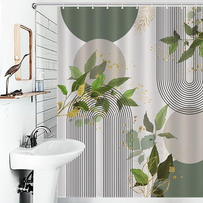 Boho Green Shower Curtain, Mid Century Modern Abstract Gold Leaves Plant Minimalist Bathroom Curtain Polyester Waterproof Fabric Decor 66x72in（168x183cm）