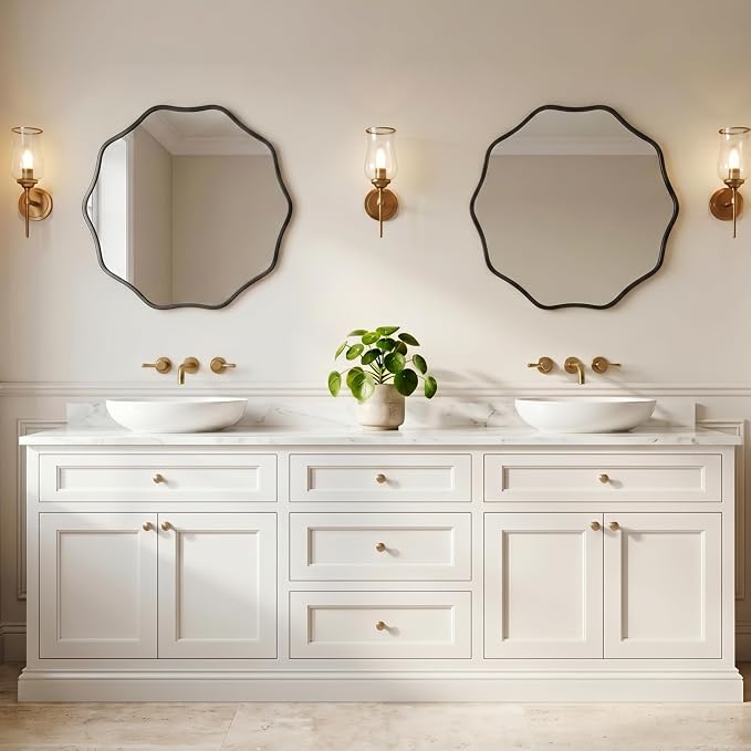 PERFNIQUE Black Scalloped Mirror, 20'' Round Wall Mirrors Wavy Wood Framed for Bathroom Nursery Bedroom Living Room Entryway, Decorative Modern Wall Decor