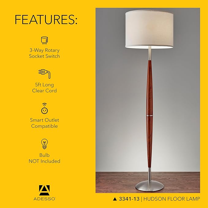 Adesso Hudson Floor Lamp - Adjustable Brightness, Perfect Lighting for Bedroom, Living Room and Corner Decor, Maple Eucalyptus Wood & Satin Steel Accents, Soft/White Lampshade
