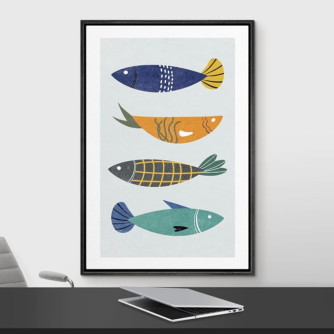 Woodrose Framed Canvas Print Wall Art Retro Pattern Vintage Fish Variety Animals Shapes Illustrations Modern Minimalist Chic Relax/Calm Multicolor for Living Room, Bedroom, Office - 24"x36" Black