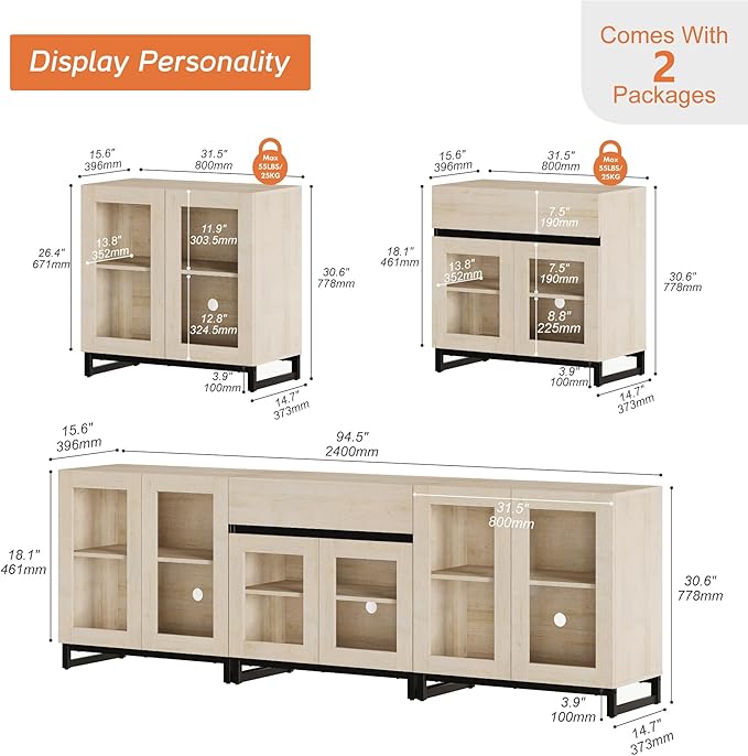WAMPAT 3 in 1 Modern Sideboard with Adjustable Shelves and Drawer,Storage Cabinet with Glass Doors, Coffee Bar Cabinet for Living Room, Kitchen, Light Oak
