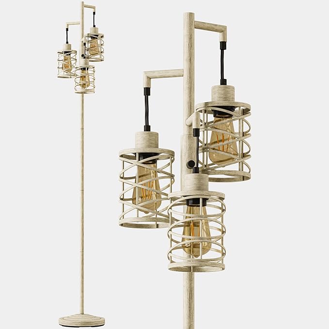 BOBOMOMO 70" Farmhouse Dimmable Floor Lamp, Weathered White Rustic Industrial Metal Cage Standing Lamp with 3 LED Bulbs, Stepless Dimming Tall Tree Lamp for Living Room, Bedroom, Entryway, Corner