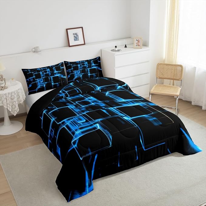 Erosebridal Blue and Black Kids Comforter Set, Modern Geometric Square Bedding for Boys Girls Gradient Neon Light Honeycomb Duvet Insert Abstract Bed Set Twin 2 Pieces