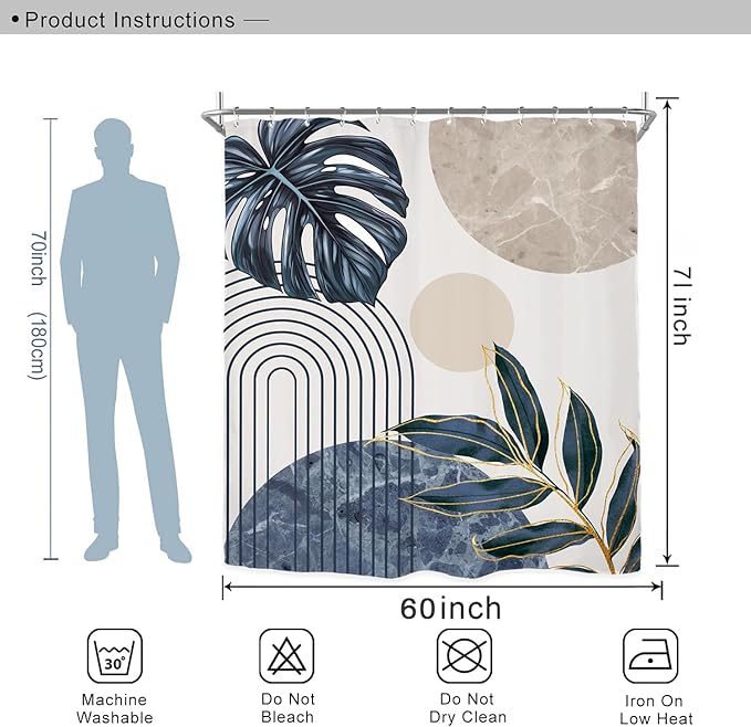 Miyotaa Abstract Blue Shower Curtain Set 60Wx71H Inches Minimalist Aesthetic Modern Contemporary Plant Leaves Neutral Monstera Polyester Waterproof Cloth Bathroom Curtain with 12 Hooks
