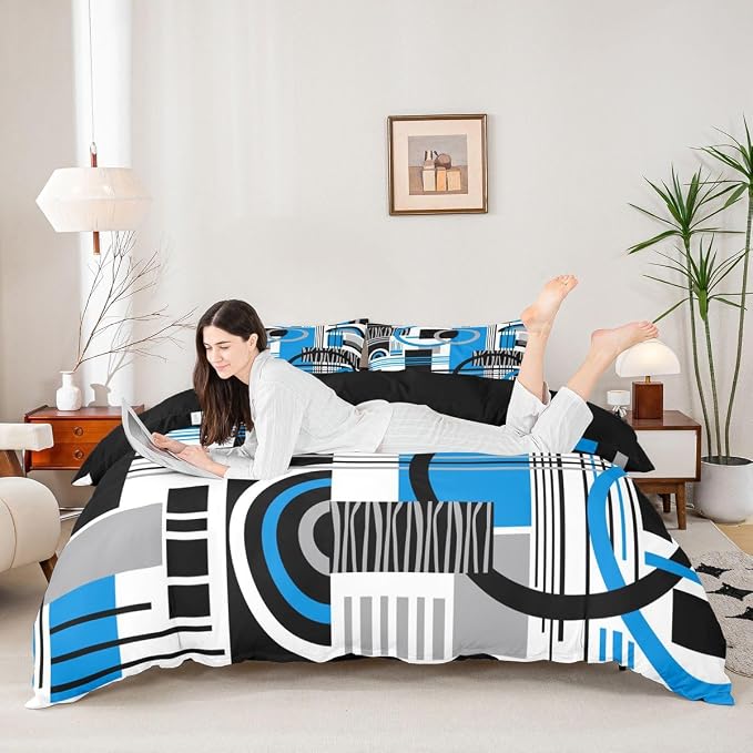 Erosebridal Art Deco Mid Century Duvet Cover Set Retro Modern Abstract Geometric Full Size Bedding Sets for Teenage Boys Black and White Blue Circles Stripes Comforter Cover Contemporary Bed Set