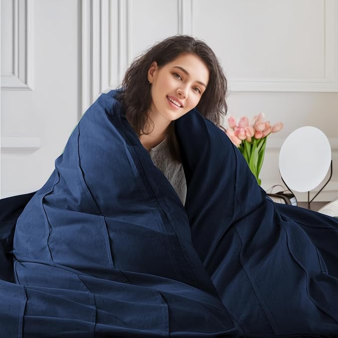 NEXHOME PRO 100% Organic Cotton Duvet Cover Oversized Queen Size, Linen Like Pleated Textured Navy Duvet Cover Set, 3pc Bedding Set with Zipper Closure, Soft,98"x98", No Comforter