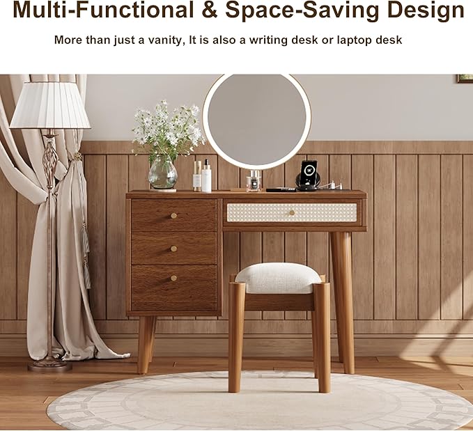 Walnut Vanity Desk No Mirror 39" Vintage Vanity Table with 4 Drawers & Power Outlet Mid-Century Modern Vanity Set for Girls with Stool & Rattan Decor