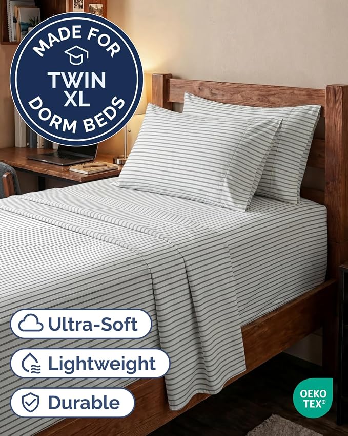 Extra Deep Twin XL Sheet Set - 4 Piece College Dorm Bed Sheets Set with Extra Deep Pockets - Ultra-Soft, Comfy & Breathable Bedding for Women, Men, Kids & Teens - Wrinkle & Fade Free - Grey Stripes 2