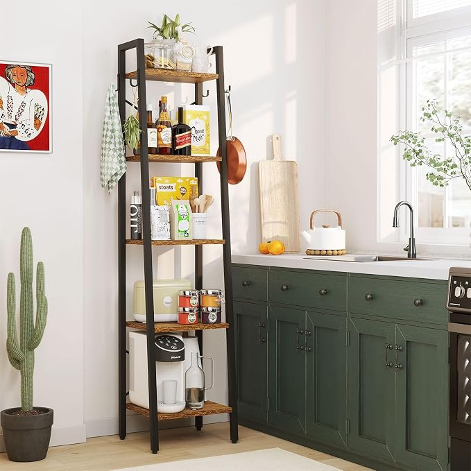 YMYNY 5 Tiers Ladder Bookcase, Industrial Narrow Bookshelf, Open Display Rack with 4 S Hooks, Metal Storage Shelves for Bedroom, Home Office, Living Room, Rustic Brown, 63H*13.4L*11.8W, UHBC025H