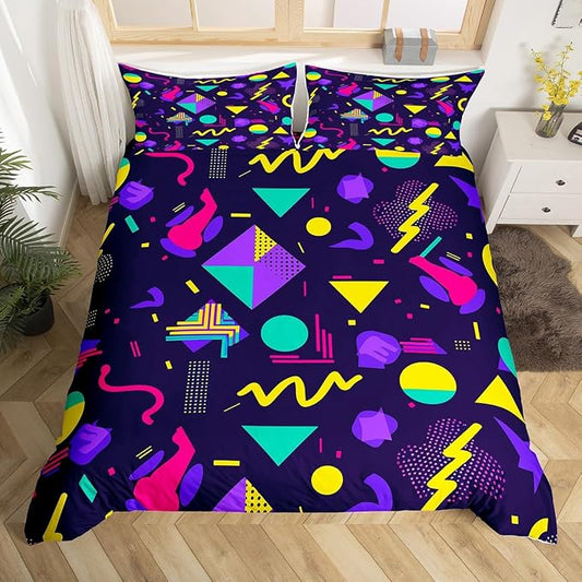 80s Bedding Set Memphis Pattern Old Fashion Comforter Cover,Vintage 90s Memphis Style Duvet Cover Abstract Geometric Pattern Retro Bed Set Full,Rainbow Urban Modern Circles Triangle Room Decor