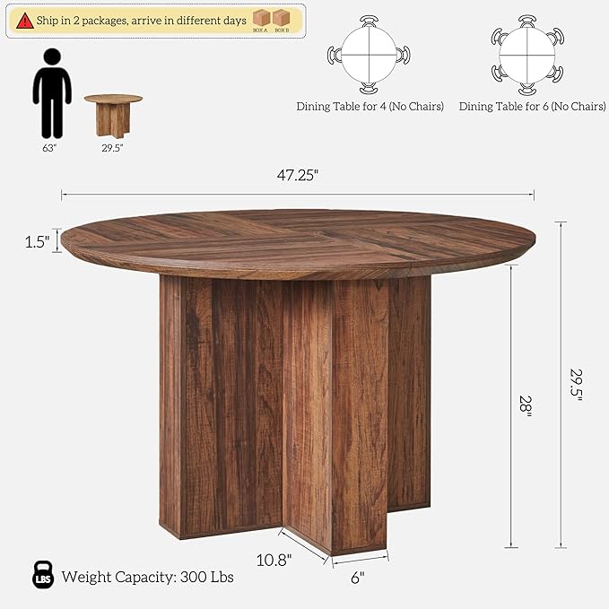OKD 47" Round Dining Table for 4 People, Modern Pedestal Kitchen Table with Stable Cross Base & Thick Wood Top, Circle Dinner Table for Dining Room, Kitchen, Living Room, Rustic Walnut (Table Only)