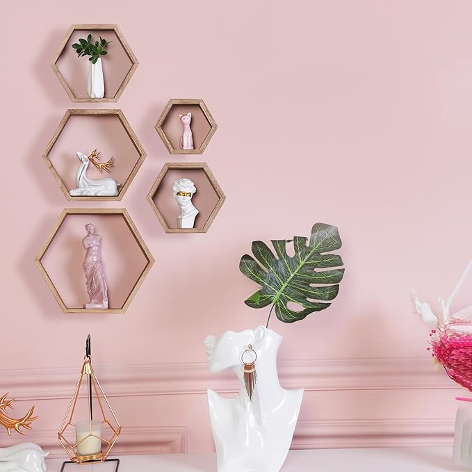Hexagon Shelves for Wall,Hexagon Floating Shelf Set of 5,Honeycomb Shelves Octagon Hanging Cube Rustic Wood Wall Mounted for Living Room Bedroom Kitchen Bathroom Office Home Decor（Carbonized Brown）