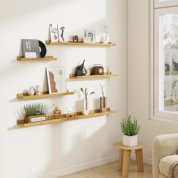 Picture Ledge Shelf Set of 6, 48 inch Long Large Floating Shelves for Wall with Lip, Wall Mounted Shelves for Living Room, Bedroom, Bathroom, Kitchen, Nursery,Oak