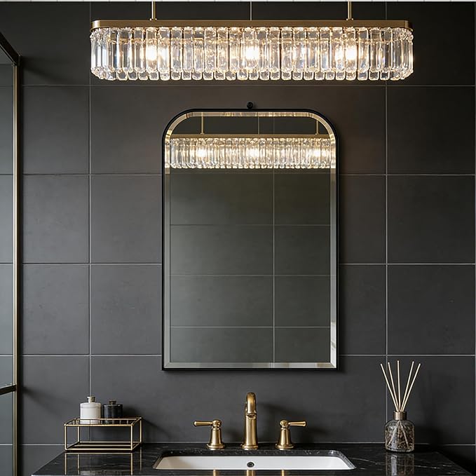 POZINO Beveled Mirror Over Sink, 22"x35" Black Arched Bathroom Mirror, Modern Rounded Rectangle Mirrors with Stainless Steel Frame, Vanity Wall Mirrors for Bedroom Living Room Entryway Fireplace