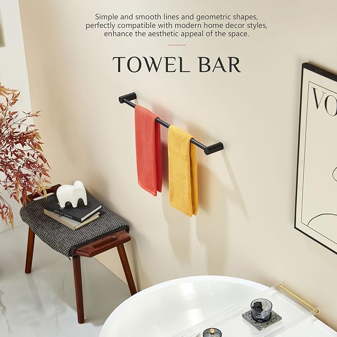 KOKOSIRI Towel Bar Black Bathroom Towel Rack Wall Mounted 24-Inch Single Rail for Lavatory Bathroom Hardware Accessory Stainless Steel, B4007BK-L24